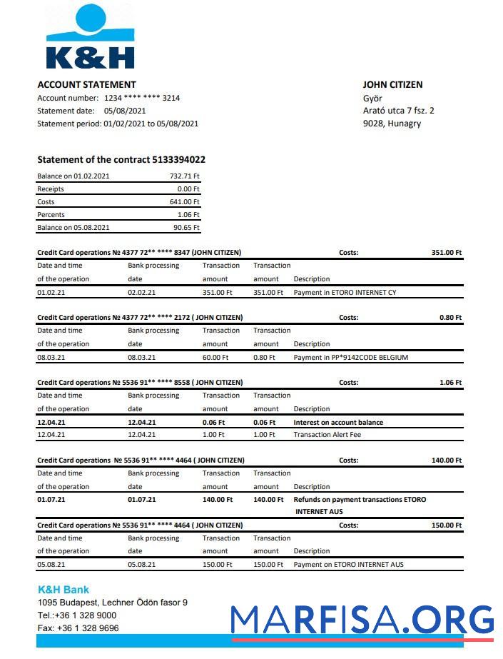 Blank Hungary K&H bank statement excel download for verification